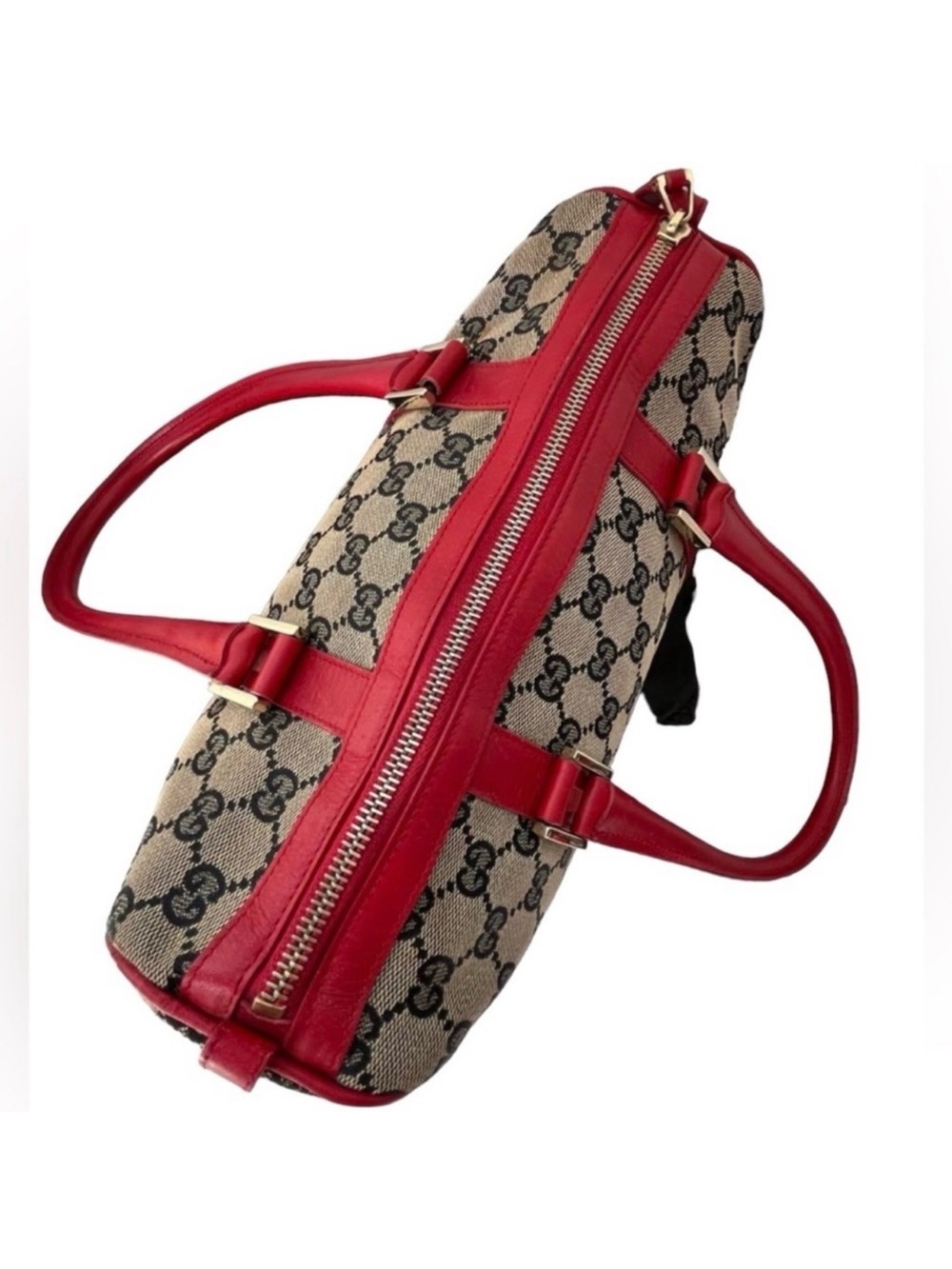 Authentic Vintage Gucci Supreme Canvas Boston Bag with Red Leather Trim